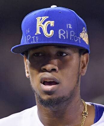 September 30, 2016 - Kansas City, MO, USA - Kansas City Royals starting pitcher Yordano Ventura in the first inning with RIP JF and RIP OT on his hat, tributes to Jose Fernandez and Oscar Taveras, against the Cleveland Indians on Friday, Sept. 30, 2016, at Kauffman Stadium in Kansas City, Mo. Cleveland at Kansas City - ZUMAm67_
