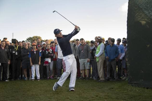 USA team member Brandt Sneaker hits from the rough on hole 1 on day 2 of the 2016 Ryder Cup at Hazeltine National Golf Club in Chaska, Minnesota on October 1 2016.  MIN20161001301 KEVINxDIETSCH