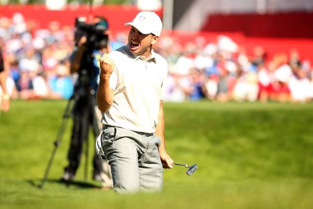 GOLF - Ryder Cup 2016 CHASKA,MINNESOTA,USA,01.OKT.16 - GOLF - Ryder Cup, Hazeltine National Golf Club. Image shows the rejoicing of Sergio Garcia (ESP). GEPAxpictures xDanielxGoetzhaber