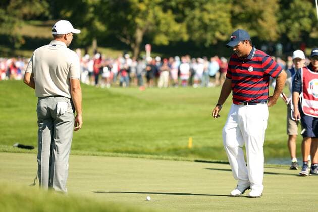 GOLF - Ryder Cup 2016 CHASKA,MINNESOTA,USA,01.OKT.16 - GOLF - Ryder Cup, Hazeltine National Golf Club. Image shows Sergio Garcia (ESP) and Patrick Reed (USA). GEPAxpictures xDanielxGoetzhaber