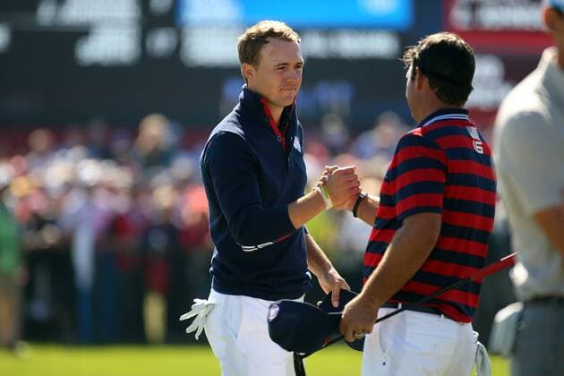 GOLF - Ryder Cup 2016 CHASKA,MINNESOTA,USA,01.OKT.16 - GOLF - Ryder Cup, Hazeltine National Golf Club. Image shows Jordan Spieth and Patrick Reed (USA). GEPAxpictures xDanielxGoetzhaber