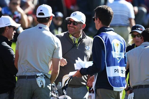 GOLF - Ryder Cup 2016 CHASKA,MINNESOTA,USA,01.OKT.16 - GOLF - Ryder Cup, Hazeltine National Golf Club. Image shows vice-captain Thomas Bjoern (DEN) and Thomas Pieters (BEL). GEPAxpictures xDanielxGoetzhaber