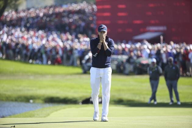 October 1, 2016 - Chaska, Minnesota, U.S. - Jordan Spieth reacts to barely missing a putt on the 16th hole on the back nine of the morning foursome match-up against Europeans Sergio Garcia & Rafa Cabrera-Bello. Patrick Reed and Jordan Spieth (USA) vs. Sergio Garcia & Rafa Cabrera-Bello (EUR) JERRY HOLT jerry. Holt@Startribune.com The Ryder Cup morning play Saturday October 1, 2016 at Hazeltine National Golf Club in Chaska, Minn. Minneapolis News - October 1, 2016 - ZUMAm42_