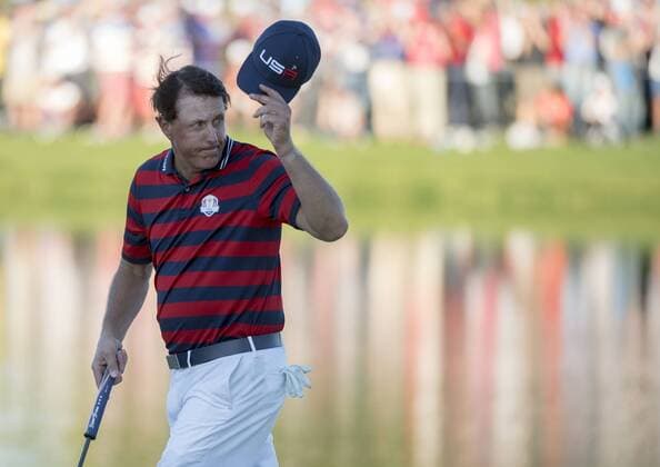 USA team members Phil Mickelson celebrates after winning his round during during day 2 of the 2016 Ryder Cup at Hazeltine National Golf Club in Chaska, Minnesota on October 1, 2016.  MIN20161001348 KEVINxDIETSCH