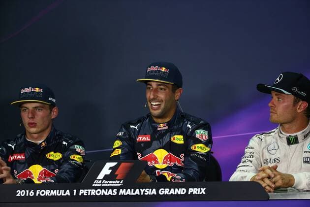 Malaysian Grand Prix, Sepang 29 September - 2 October 2016 02.10.2016 - Race, press conference PK Pressekonferenz Max Verstappen (NED) Red Bull Racing RB12, Daniel Ricciardo (AUS) Red Bull Racing RB12 and Nico Rosberg (GER) Mercedes AMG F1 W07 Hybrid 