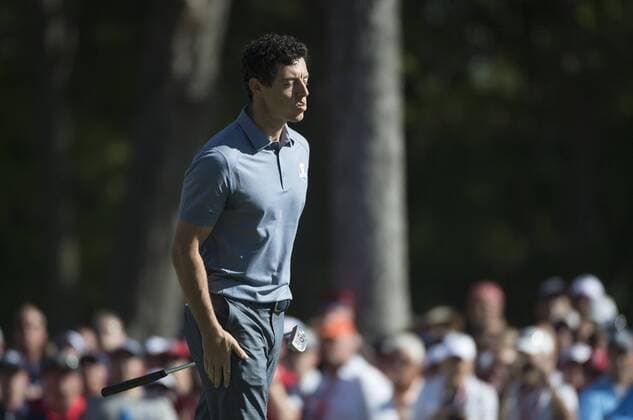 European team member Rory McIlroy reacts after missing a putt on the 4th green during day 3 of the 2016 Ryder Cup at Hazeltine National Golf Club in Chaska, Minnesota on October 2, 2016.  MIN20161002302 KEVINxDIETSCH