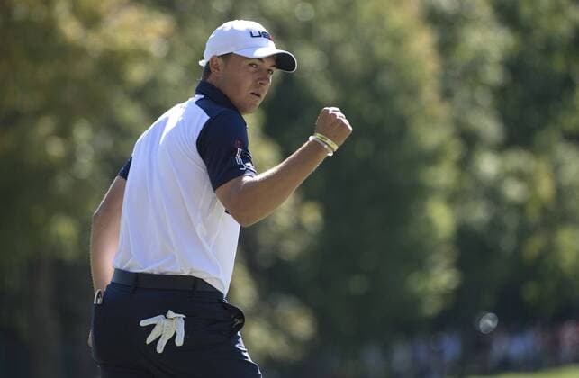 USA team member Jordan Spieth celebrates after winning the 5th hole during day 3 of the 2016 Ryder Cup at Hazeltine National Golf Club in Chaska, Minnesota on October 2, 2016.  MIN20161002324 KEVINxDIETSCH