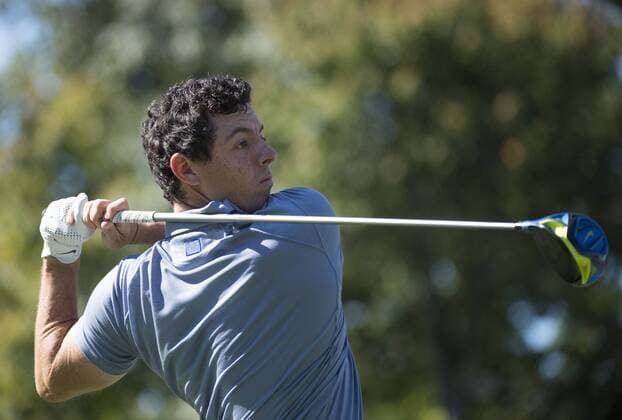 European team member Rory McIlroy hits off of the 6th tee during day 3 of the 2016 Ryder Cup at Hazeltine National Golf Club in Chaska, Minnesota on October 2, 2016.  MIN20161002327 KEVINxDIETSCH