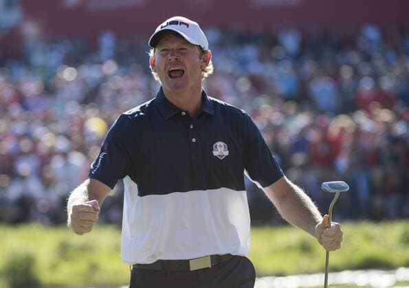 USA team members Brandt Snedeker celebrates after winning the 16th hole during the final round of the 2016 Ryder Cup at Hazeltine National Golf Club in Chaska, Minnesota on October 2, 2016. USA defeated Europe 17-11 winning the Ryder Cup for the first time since 2008.  MIN201610023678 KEVINxDIETSCH
