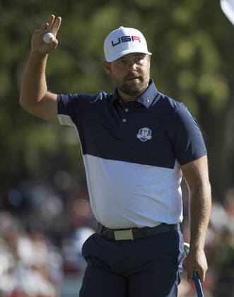 Golf, Ryder Cup 2016 in Chaska USA team members Ryan Moore celebrates after winning the 16th hole during the final round of the 2016 Ryder Cup at Hazeltine National Golf Club in Chaska, Minnesota on October 2, 2016. USA defeated Europe 17-11 winning the Ryder Cup for the first time since 2008.  MIN20161002371 KEVINxDIETSCH