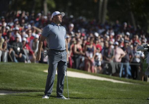 Golf, Ryder Cup 2016 in Chaska European team member Lee Westwood reacts after missing a putt on the 16th green during the final round of the 2016 Ryder Cup at Hazeltine National Golf Club in Chaska, Minnesota on October 2, 2016. USA defeated Europe 17-11 winning the Ryder Cup for the first time since 2008.  MIN20161002372 KEVINxDIETSCH