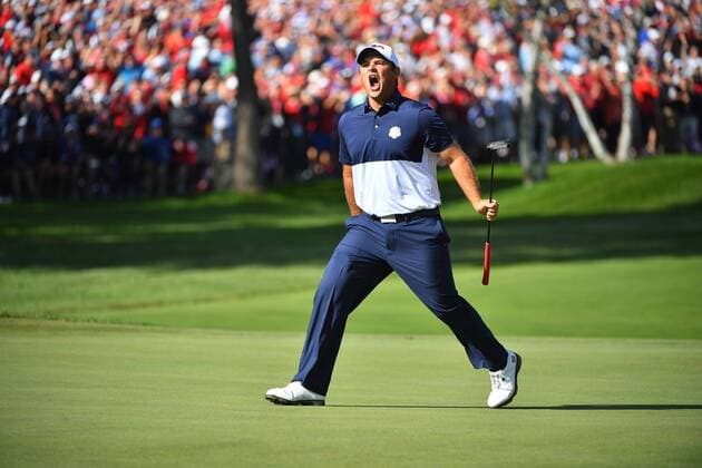 October 2, 2016 - Chaska, MN, USA - U.S. team member Patrick Reed celebrates after making par to half the first hole during singles pairings at the Ryder Cup on Sunday, Oct. 2, 2016 at the Hazeltine National Golf Club in Chaska, Minn. Ryder Cup staying as United States closes out Europe; first victory since 2008 - ZUMAm67_