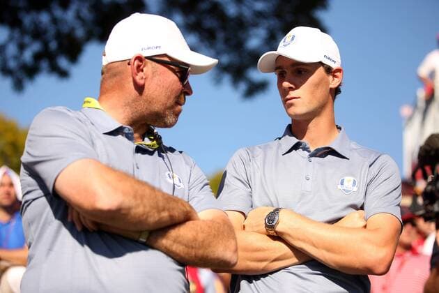 Golf, Ryder Cup 2016 in Chaska GOLF - Ryder Cup 2016 CHASKA,MINNESOTA,USA,02.OKT.16 - GOLF - Ryder Cup, Hazeltine National Golf Club. Image shows vice-captain Thomas Bjoern (DEN) and Thomas Pieters (BEL). GEPAxpictures xDanielxGoetzhaber