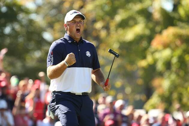 Golf, Ryder Cup 2016 in Chaska GOLF - Ryder Cup 2016 CHASKA,MINNESOTA,USA,02.OKT.16 - GOLF - Ryder Cup, Hazeltine National Golf Club. Image shows the rejoicing of Patrick Reed (USA). GEPAxpictures xDanielxGoetzhaber