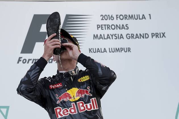 02 October 2016: Max Verstappen of Red Bull Racing celebrate on the podium after finish second in the race of the Formula 1 Petronas Malaysia Grand Prix held at Sepang International Circuit in Sepang, Malaysia.(Photo by Hazrin Yeob Men Shah Icon Sportswire) AUTO: OCT 02 Formula 1 - Malaysia Grand Prix Icon3781610028081 EDITORIAL USE ONLY