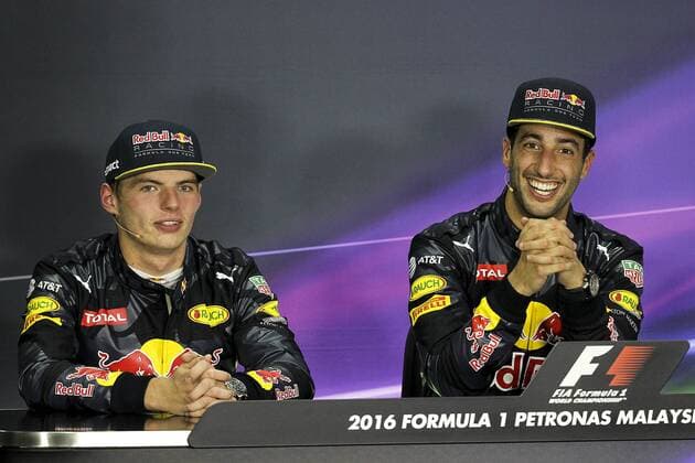 02 October 2016: Daniel Ricciardo of Red Bull Racing with Max Verstappen of Red Bull Racing at the post race press conference PK Pressekonferenz after the completion of the race of the Formula 1 Petronas Malaysia Grand Prix held at Sepang International Circuit in Sepang, Malaysia. (Photo by Hazrin Yeob Men Shah Icon Sportswire) AUTO: OCT 02 Formula 1 - Malaysia Grand Prix Icon3781610028103 EDITORIAL USE ONLY