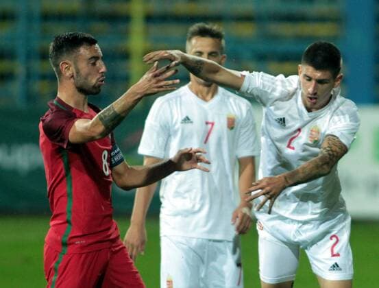 06.10.2016 Gyor-Gyirmot Hungary-Portugal UEFA Under21 European qualifiers men s football Bruno Fernandes (L) Portugal and Attila Osvath(r) Hungary pushing during tensions on match : 