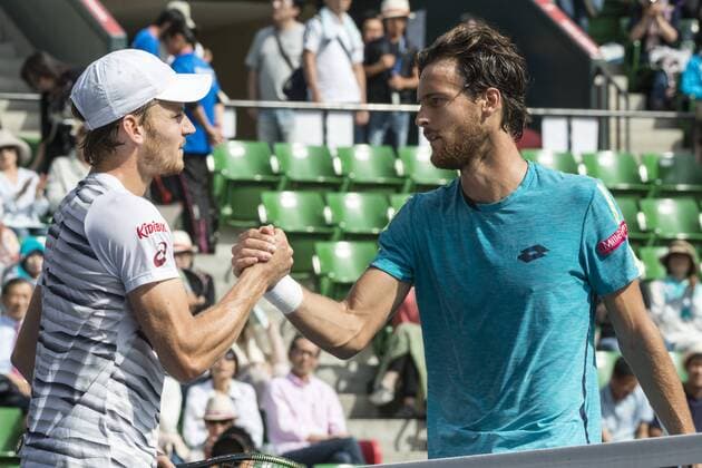 October 7, 2016 - Tokyo, Tokyo, Japan - David Goffin (BEL) greets Joao Sousa (POR) in their men s singles quarterfinal match during the japan Open tennis at the Ariake Coliseum, Tokyo. David Goffin defeated Joao Sousa with a 2-1 World News - October 7, 2016 - ZUMAc166