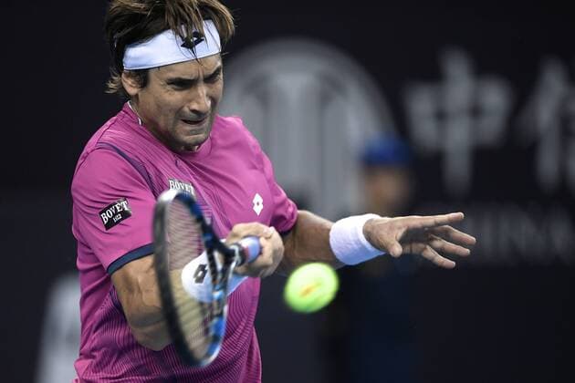 BEIJING, CHINA - OCTOBER 07: David Ferrer of Spain returns a shot against Mischa Zverev of Germany during the Men s singles quarterfinals match on day seven of the 2016 China Open at the China National Tennis Centre on October 7, 2016 in Beijing, China.  CFP493450543 