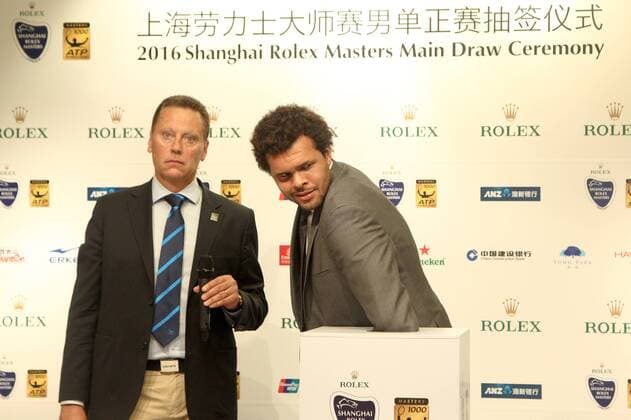 French tennis player Jo-Wilfried Tsonga, right, attends the main draw ceremony for the 2016 Shanghai Rolex Masters tennis tournament in Shanghai, China, 8 October 2016. Sports stars highlight main draw ceremony for 2016 Shanghai Rolex Masters  pbu514644_08