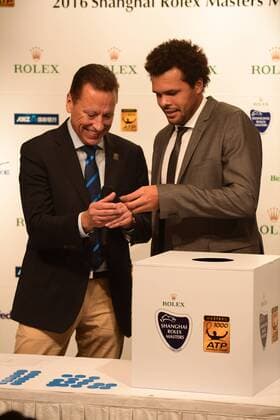 French tennis player Jo-Wilfried Tsonga, right, attends the main draw ceremony for the 2016 Shanghai Rolex Masters tennis tournament in Shanghai, China, 8 October 2016. Sports stars highlight main draw ceremony for 2016 Shanghai Rolex Masters  20161008_59606