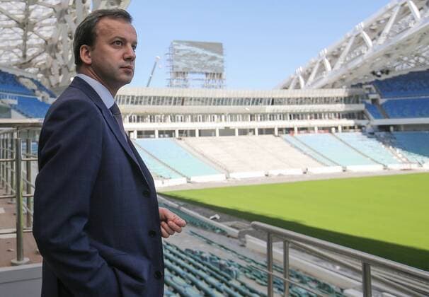 SOCHI, RUSSIA - OCTOBER 1, 2016: Russia s Deputy Prime Minister Arkady Dvorkovich visits Fisht Olympic Stadium which is to host some football matches of the 2018 FIFA World Cup WM Weltmeisterschaft Fussball Anton Novoderezhkin TASS Host Photo Agency  73780168st