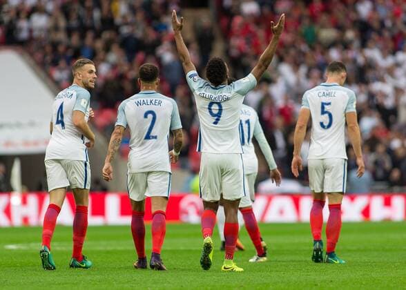 Football - 2016 2016 World Cup Qualifier - Group F: England vs. Malta England s Daniel Sturridge raises his arms to the sky after muted celebrations of England s opening goal at Wembley. COLORSPORT DANIEL BEARHAM  whu_mid
