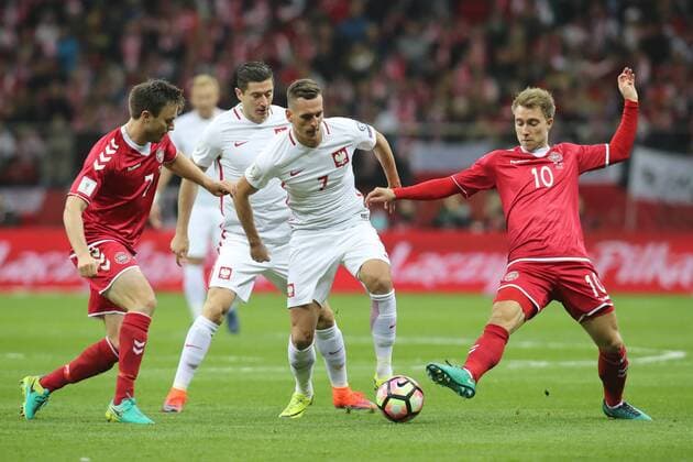 08.10.2016 WARSZAWA, WM Quali 2016 GROUP E Poland vs Danmark - (L) WILLIAM KVIST , (2L) ROBERT LEWANDOWSKI , (2P) ARKADIUSZ MILIK , (R) CHRISTIAN ERIKSEN FOTO JAKUBxPIASECKI CYFRASPORT NEWSPIX.PL --- Newspix.pl FRANCE OUT!  20161008CSJP3055