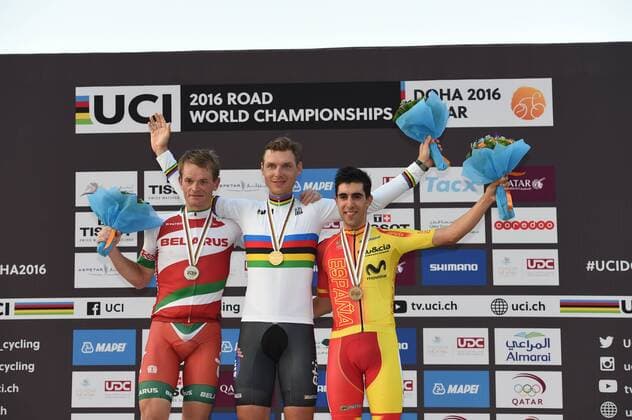 12-10-2016 World Championships Elite Cronometro; 2016, Etixx - Quick Step; 2016, Team Sky; 2016, Movistar; Martin, Tony; Kiryienka, Vasil; Castroviejo, Jonathan; Doha; 