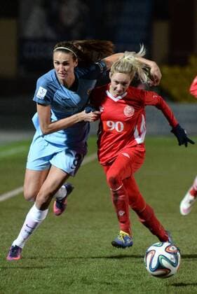 PERM, RUSSIA â€“ OCTOBER 12, 2016: Manchester City s Jill Scott (L) and Zvezda 2005 Perm s Anastasia Akimova fight for the ball in the second leg of their 2016 17 Season UEFA Women s Champions League Round of 32 football match at Zvezda Stadium. FC Manchester City won the game 4-0. Donat Sorokin TASS  TS0344C5