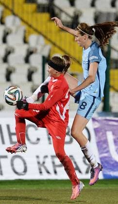 PERM, RUSSIA â€“ OCTOBER 12, 2016: Manchester City s Jill Scott (R) and Zvezda 2005 Perm s Alyona Nurgaliyeva fight for the ball in the second leg of their 2016 17 Season UEFA Women s Champions League Round of 32 football match at Zvezda Stadium. FC Manchester City won the game 4-0. Donat Sorokin TASS  TS034520