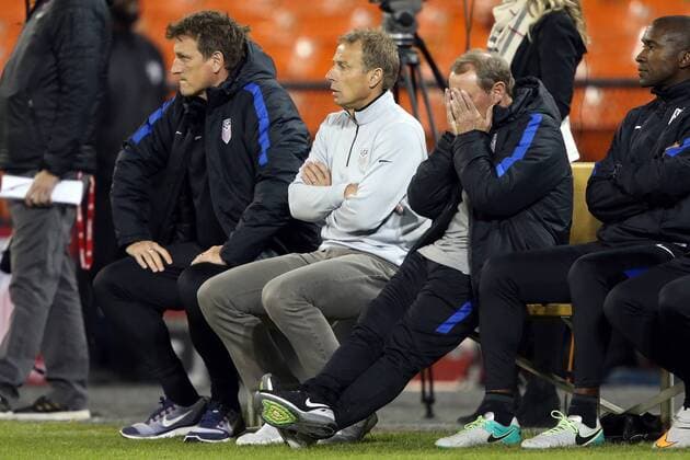 11 October 2016: U.S. technical advisor Berti Vogts (GER) (right) holds his hands over his face after a call against the United States as head coach Jurgen Klinsmann (GER) (center) and assistant coach Andreas Herzog (AUT) (left) watch play resume. The United States Men s national team Nationalteam hosted the New Zealand Men s National Team at RFK Stadium in Washington, DC in an International Friendly Länderspiel soccer match. The game ended in a 1-1 tie. (Photo by Andy Mead YCJ Icon Sportswire) SOCCER: OCT 11 USA v New Zealand Icon918161011065 EDITORIAL USE ONLY