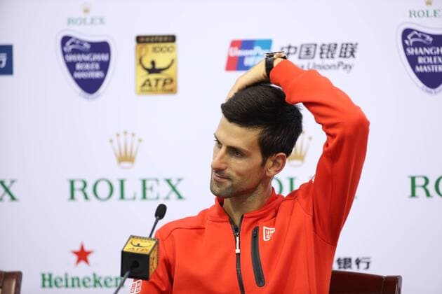 Novak Djokovic of Serbia attends a press conference PK Pressekonferenz after defeating Mischa Zverev of Germany in their men s singles quarterfinal round match during the 2016 Shanghai Rolex Masters tennis tournament in Shanghai, China, 14 October 2016. Novak Djokovic feeling good at Shanghai Masters  20161014_63488