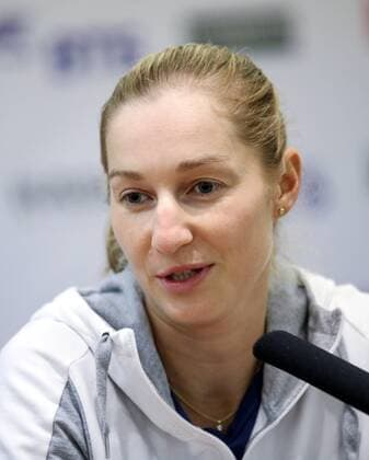 MOSCOW, RUSSIA - OCTOBER 15, 2016: Russian tennis player Ekaterina Makarova gives a press conference PK Pressekonferenz at the 2016 VTB Kremlin Cup International Tennis Tournament, at the Olympic Stadium. Anton Novoderezhkin TASS  TS034944
