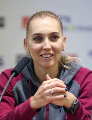 MOSCOW, RUSSIA - OCTOBER 15, 2016: Russian tennis player Elena Vesnina smiles during a press conference PK Pressekonferenz at the 2016 VTB Kremlin Cup International Tennis Tournament at the Olympic Stadium. Anton Novoderezhkin TASS  TS034947