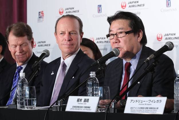 October 18, 2016, Tokyo, Japan - (L-R) US golf legend Tom Watson, PGA Golf Herren TOUR Champions president Greg McLaughlin and Japan Airlines president Yoshiharu Ueki announce a PGA TOUR tournament will be held in Japan next year at a press conference PK Pressekonferenz in Tokyo on Tuesday, October 18, 2016. The Japan Airlines championship, the first ever PGA TOUR sanctioned event to be played in JApan will be held at the Narita Golf Club, suburban Tokyo in September 2017. Noxthirdxpartyxsales  (lwxa005473)