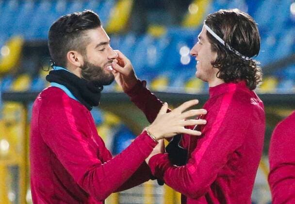 ROSTOV-ON-DON, RUSSIA - OCTOBER 18, 2016: FC Atletico Madrid s midfielder Yannick Ferreira Carrasco (L) and defender Filipe Luis training for the upcoming 2016 17 Season UEFA Champions League Group D Round 3 football match against FC Rostov. Valery Matytsin TASS  TS034D75