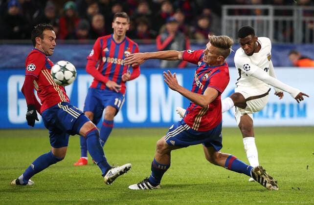 MOSCOW, RUSSIA - OCTOBER 18, 2016: CSKA Moscow s Bibras Natkho, Alexei Ionov, and Pontus Wernbloom (L-R) in action in their 2016 17 Season UEFA Champions League Group E Round 3 football match against AS Monaco at the Arena CSKA Stadium. Valery Sharifulin TASS  TS034DB1
