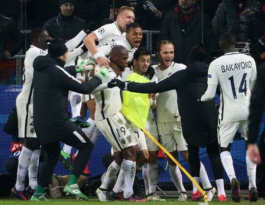 MOSCOW, RUSSIA - OCTOBER 18, 2016: AS Monaco s players celebrate scoring in their 2016 17 Season UEFA Champions League Group E Round 3 football match against FC CSKA Moscow at the Arena CSKA Stadium. Valery Sharifulin TASS  TS034DD5