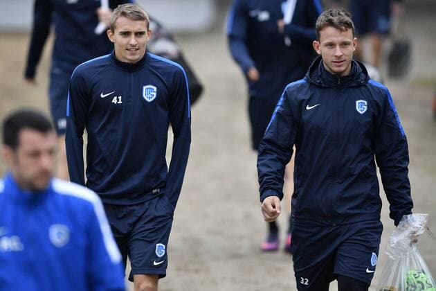 Genk s Timothy Castagne and Genk s Christophe Janssens pictured before the start of a training of Belgian soccer team RC Genk, Wednesday 19 October 2016, in Genk. Tomorrow Genk is playing the third game of the group stage of the Europa League competition against Portuguese team Athletic Bilbao. YORICKxJANSENS  x04960194x
