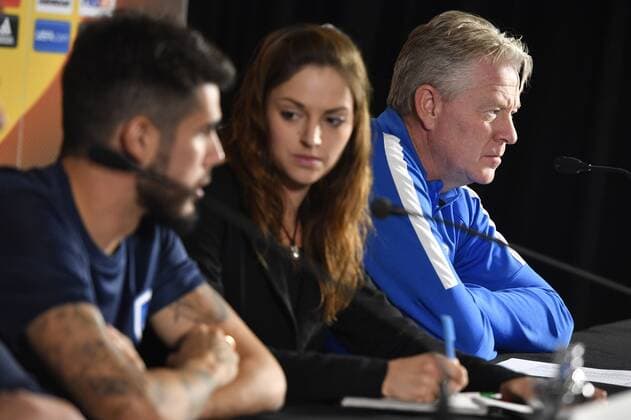 Genk s Alejandro Pozuelo, the Dutch-Spanish translator and Genk s head coach Peter Maes pictured during a press conference PK Pressekonferenz of Belgian soccer team RC Genk, Wednesday 19 October 2016, in Genk. Tomorrow Genk is playing the third game of the group stage of the Europa League competition against Portuguese team Athletic Bilbao. YORICKxJANSENS  x04960357x