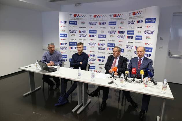 A press conference PK Pressekonferenz on the occasion of the start of ticket sales for the Davis Cup finals - Zagreb, Croatia 19.10.2016., Zagreb, Croatia - Arena Zagreb, a press conference on the occasion of the start of ticket sales for the final match of the Davis Cup between Croatia and Argentina, which will be held from 25th to 27th November. Igor Rajkovic, spokesman for the Croatian Tennis Federation, tennis player Borna Coric, Mayor of Zagreb Milan Bandic, Petar Miric, president of the Croatian Tennis Association veterans.  IgorxSoban PIXSELL