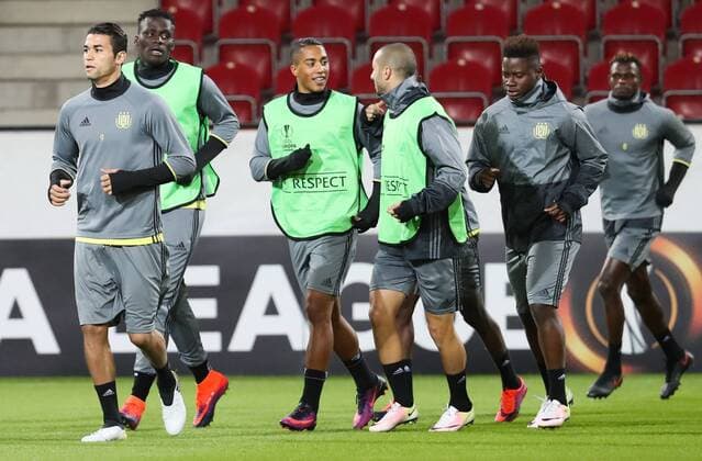 Anderlecht s Youri Tielemans and Anderlecht s Sofiane Hanni pictured during a training of Belgian soccer team RSC Anderlecht, Wednesday 19 October 2016, in Mainz, Germany. Tomorrow Anderlecht is playing German club FSV Mainz in the third match of the group stage of the Europa League competition. VIRGINIExLEFOUR  x04960912x