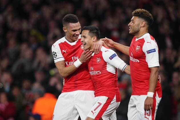 Arsenal s Alexis Sanchez celebrates scoring his sides opening goal during the Champions League group A match at the Emirates Stadium, London. Picture date October 19th, 2016 Pic David Klein Sportimage EDITORIAL USE ONLY. No use with unauthorised audio, video, data, fixture lists, club league logos or live services. Online in-match use limited to 120 images, no video emulation. No use in betting, games or single club league player publications.