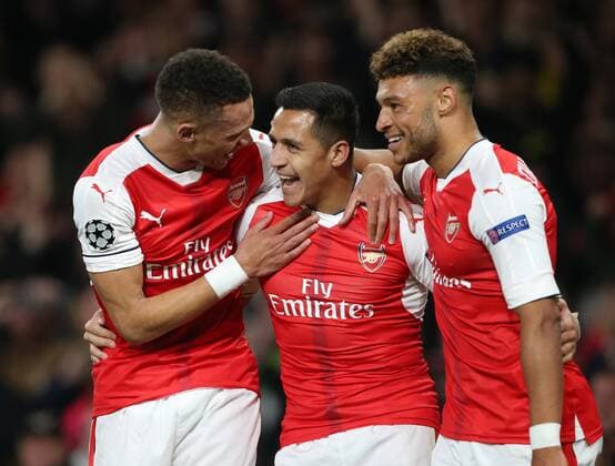 Arsenal s Alexis Sanchez celebrates scoring his sides opening goal during the Champions League group A match at the Emirates Stadium, London. Picture date October 19th, 2016 Pic David Klein Sportimage EDITORIAL USE ONLY. No use with unauthorised audio, video, data, fixture lists, club league logos or live services. Online in-match use limited to 120 images, no video emulation. No use in betting, games or single club league player publications.