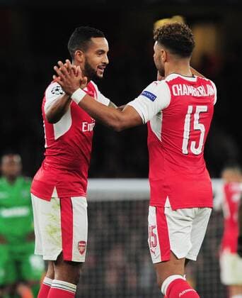 Football - 2016 2016 Champions League - Arsenal vs. PFC Ludogorets Razgrad Theo Walcott of Arsenal celebrates scoring goal no. 2 with Alex Oxlade Chamberlain at The Emirates. COLORSPORT ANDREW COWIE 