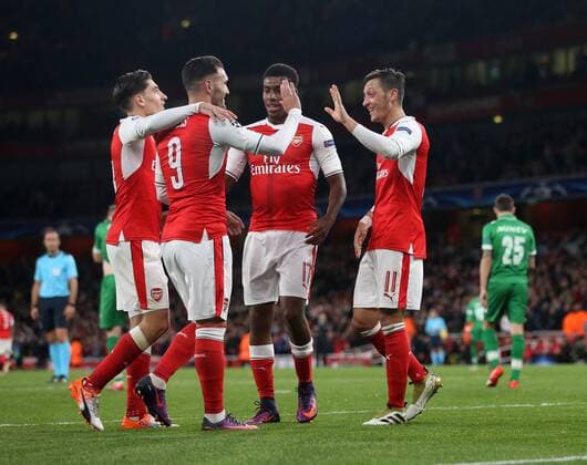 Arsenal s Mesut Ozil scoring his sides sixth goal during the Champions League group A match at the Emirates Stadium, London. Picture date October 19th, 2016 Pic David Klein Sportimage EDITORIAL USE ONLY. No use with unauthorised audio, video, data, fixture lists, club league logos or live services. Online in-match use limited to 120 images, no video emulation. No use in betting, games or single club league player publications.