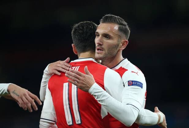 Arsenal s Lucas Perez celebrates celebrating setting up his sides fifth goal during the Champions League group A match at the Emirates Stadium, London. Picture date October 19th, 2016 Pic David Klein Sportimage EDITORIAL USE ONLY. No use with unauthorised audio, video, data, fixture lists, club league logos or live services. Online in-match use limited to 120 images, no video emulation. No use in betting, games or single club league player publications.