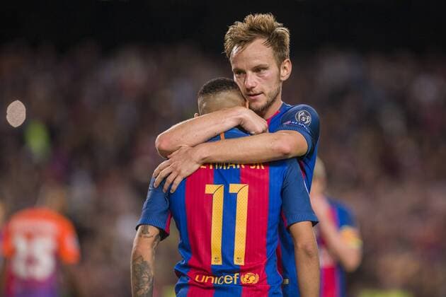 SPAIN - Oct,19th: Neymar celebrates scoring the goal with Rakitic during t the match between FC FC Barcelona Barca - Manchester City, for the round 1 of the Champions League, played at Camp Nou Stadium on 19th Oct 2016 in Barcelona, Spain.  xCordonxPressx xSPAINx-xFCxBarcelonax-xManchesterxCityx-xxChampionsxLeaguex-x2016 17x