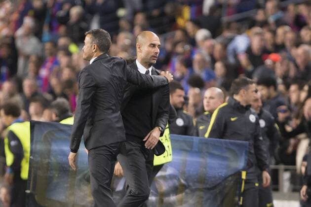 Bilder des Tages - SPORT SPAIN - Oct,19th: Josep Guardiola and Luis Enrique during t the match between FC FC Barcelona Barca - Manchester City, for the round 1 of the Champions League, played at Camp Nou Stadium on 19th Oct 2016 in Barcelona, Spain.  xCordonxPressx xSPAINx-xFCxBarcelonax-xManchesterxCityx-xxChampionsxLeaguex-x2016 17x